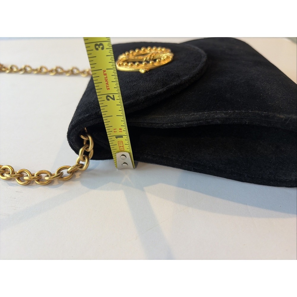 Casual Corner Black Suede Handbag Gold Medallion & Chain Essentials Elegant Bag - Picture 13 of 15